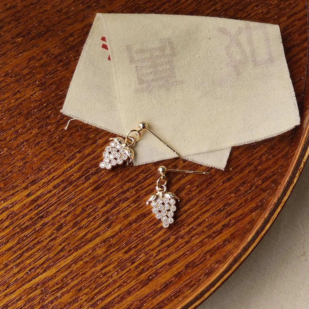 Vintage 14K Plated Copper Zircon Mini Grape Stud Earrings For Women Korean Style