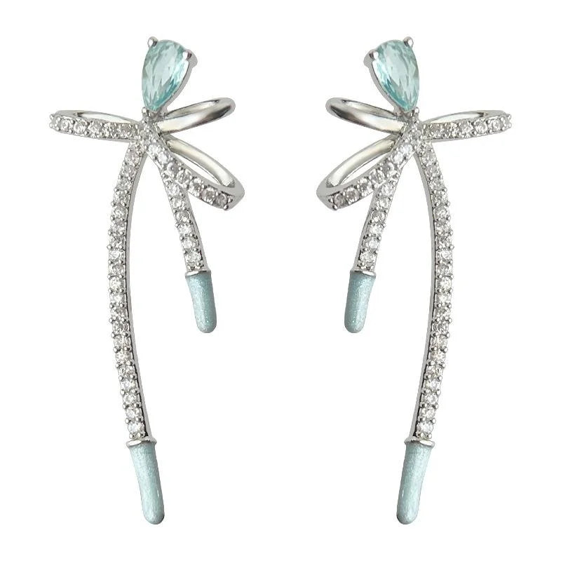Original Design Sea Blue Zircon Micro Pave Bowknot Copper Long Drop Earrings Sweet Elegant Jewelry