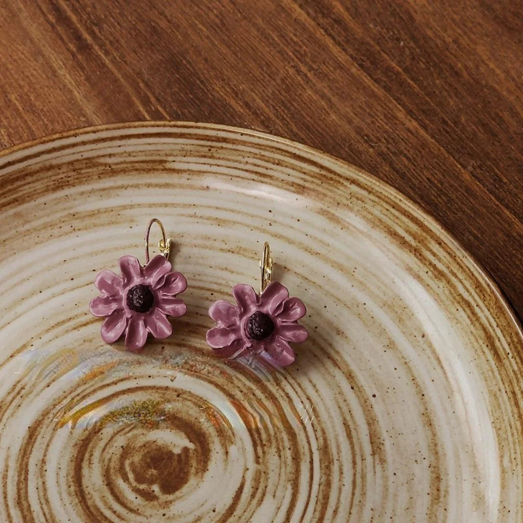 Korean French Style Purple Daisy Flower Metal Drop Earrings For Women Sweet Floral Jewelry