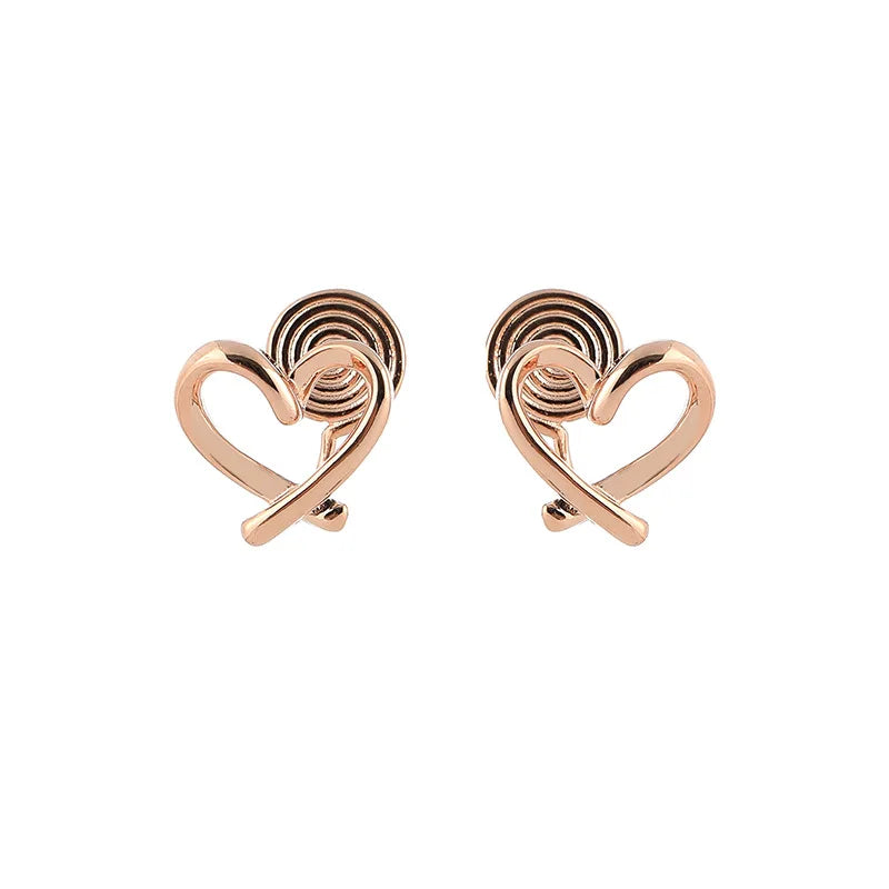 Elegant Rose Gold Alloy Open Heart Spiral Stud & Clip On No Piercing Minimalist Women's Earrings