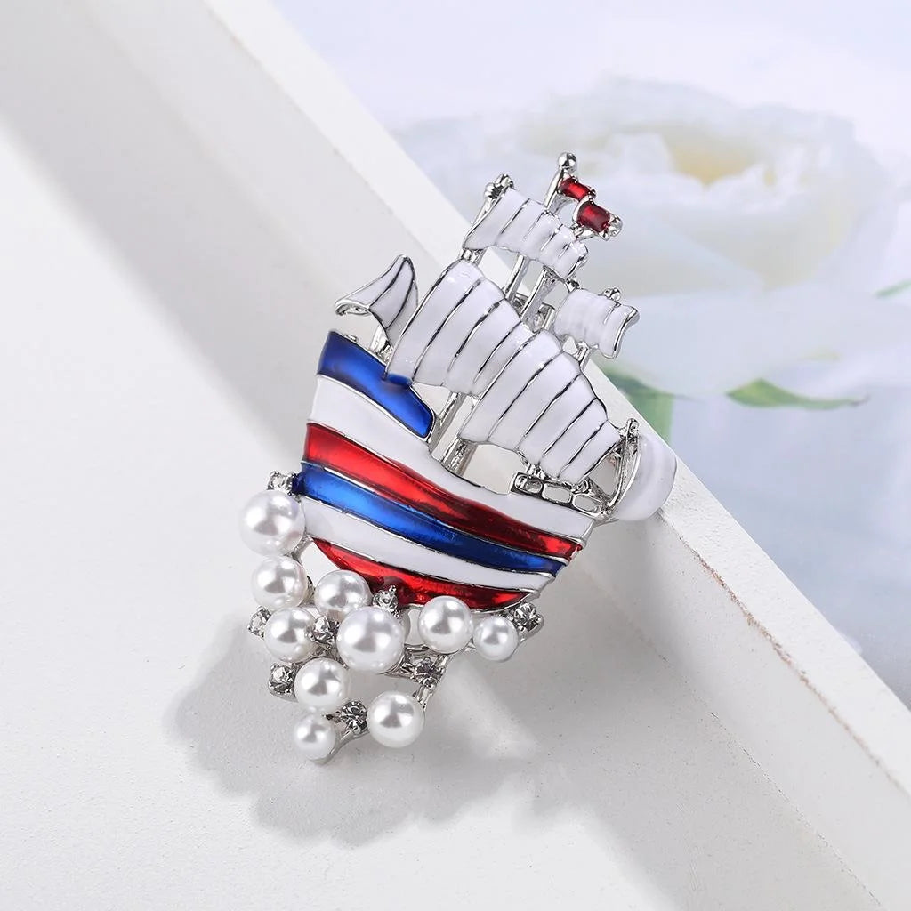 Vintage Alloy Enamel Sailing Ship Brooch With Faux Pearls And Rhinestones, Elegant Lapel Pin Suit Accessory