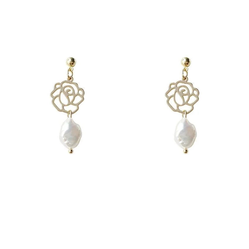 French Vintage Baroque Freshwater Pearl Hollow Rose Flower Stud Earrings Elegant Palace Style
