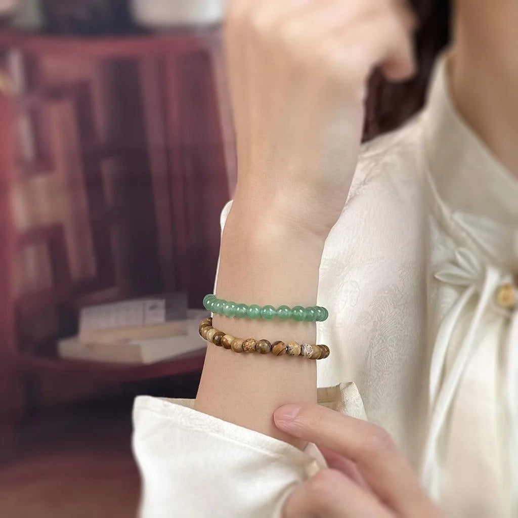Natural Stone Picture Jasper Green Aventurine Double Layer Bracelet New Chinese Geometric Ring Style For Women