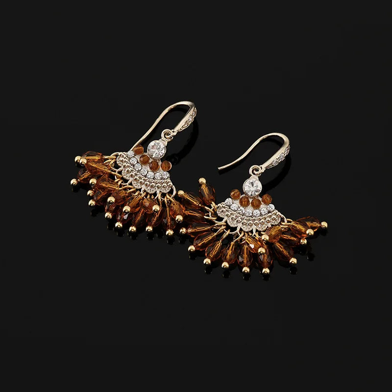 Vintage Fan Tassel Amber Crystal Rhinestone Alloy Stud & Clip On No Piercing Drop Earrings