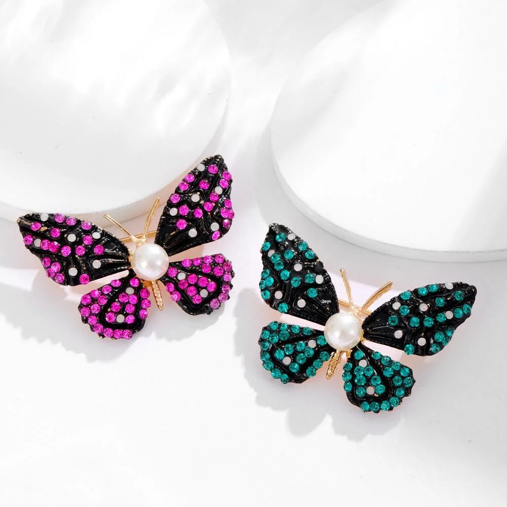Elegant Black Enamel Butterfly Brooch With Pink Rhinestones And Pearl, Women's Lapel Pin Suit Accessory