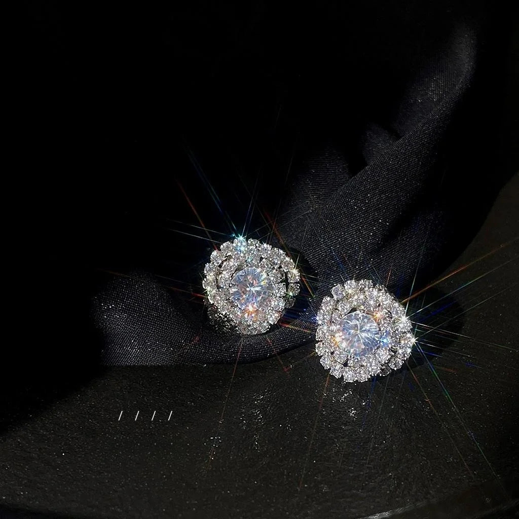 Light Luxury Copper Micro Pave Zircon Round Geometric Stud Earrings With Multi Layer 3D Line Design