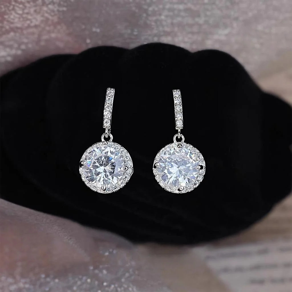 Sparkling Zircon Round Drop Earrings Eco Copper Silver Plated Light Luxury Geometric Jewelry