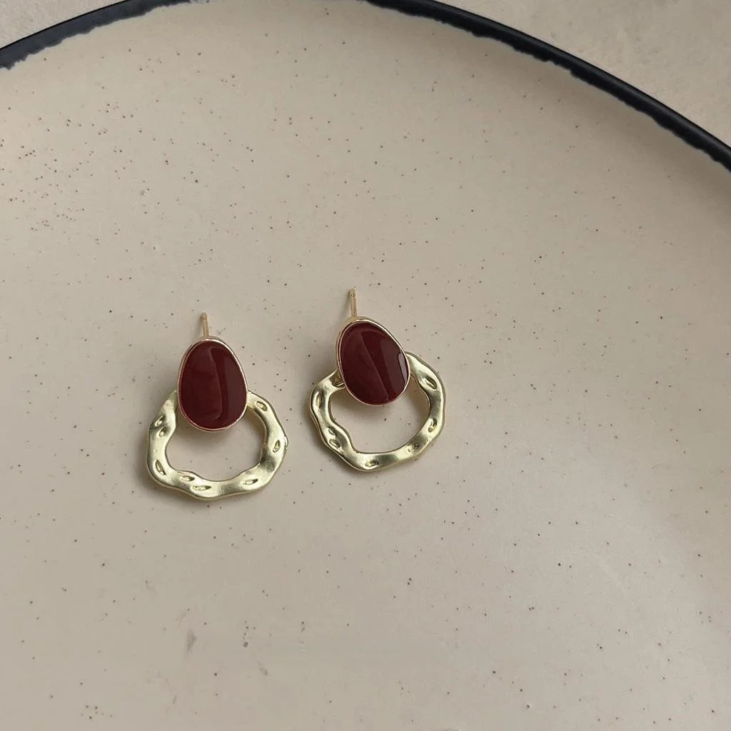 Hong Kong Style Vintage Burgundy Copper Silver Plated Floral Double Hoop Drop Earrings