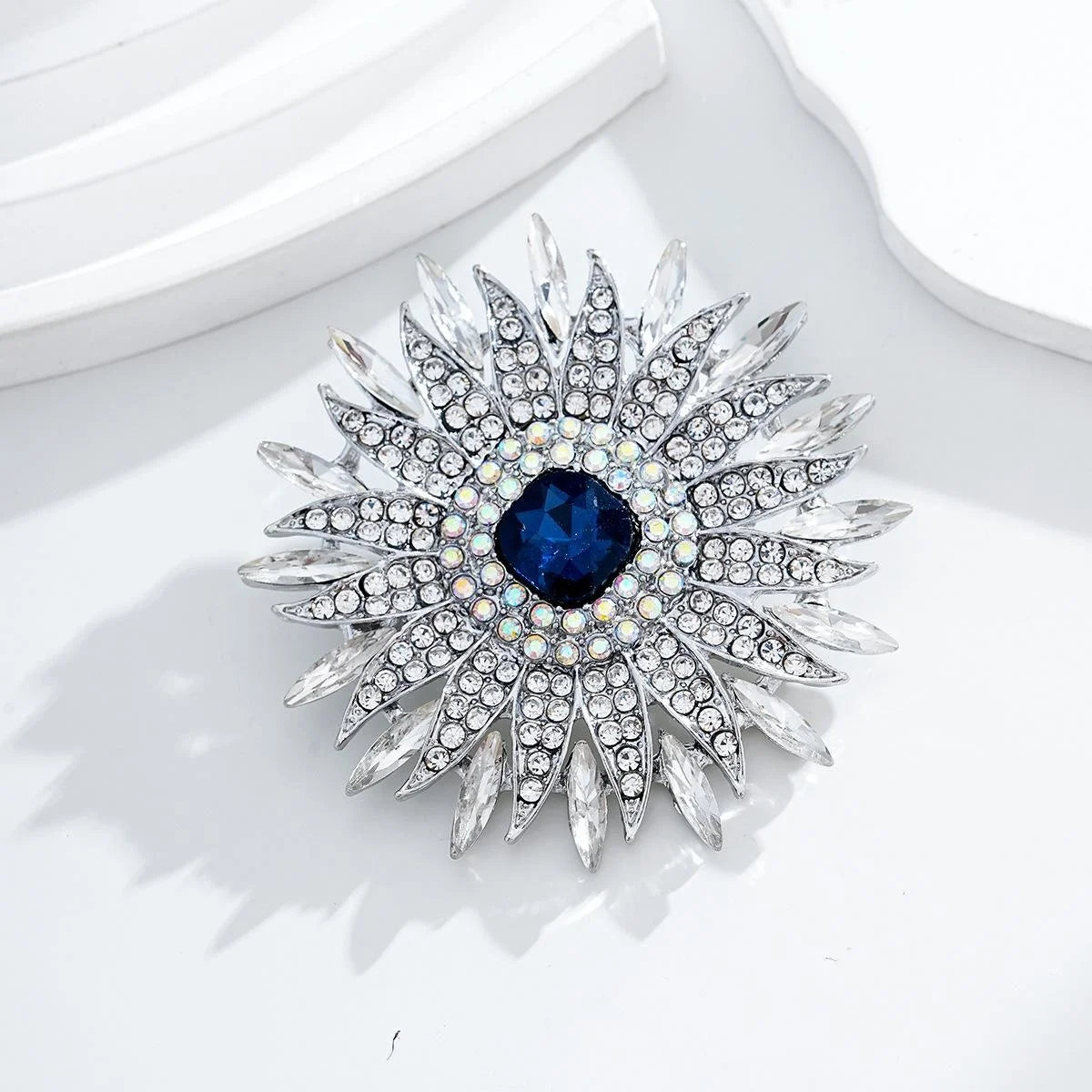 Luxury Rhinestone Sunflower Brooch With Blue Crystal Center, Elegant Floral Lapel Pin Corsage Gift