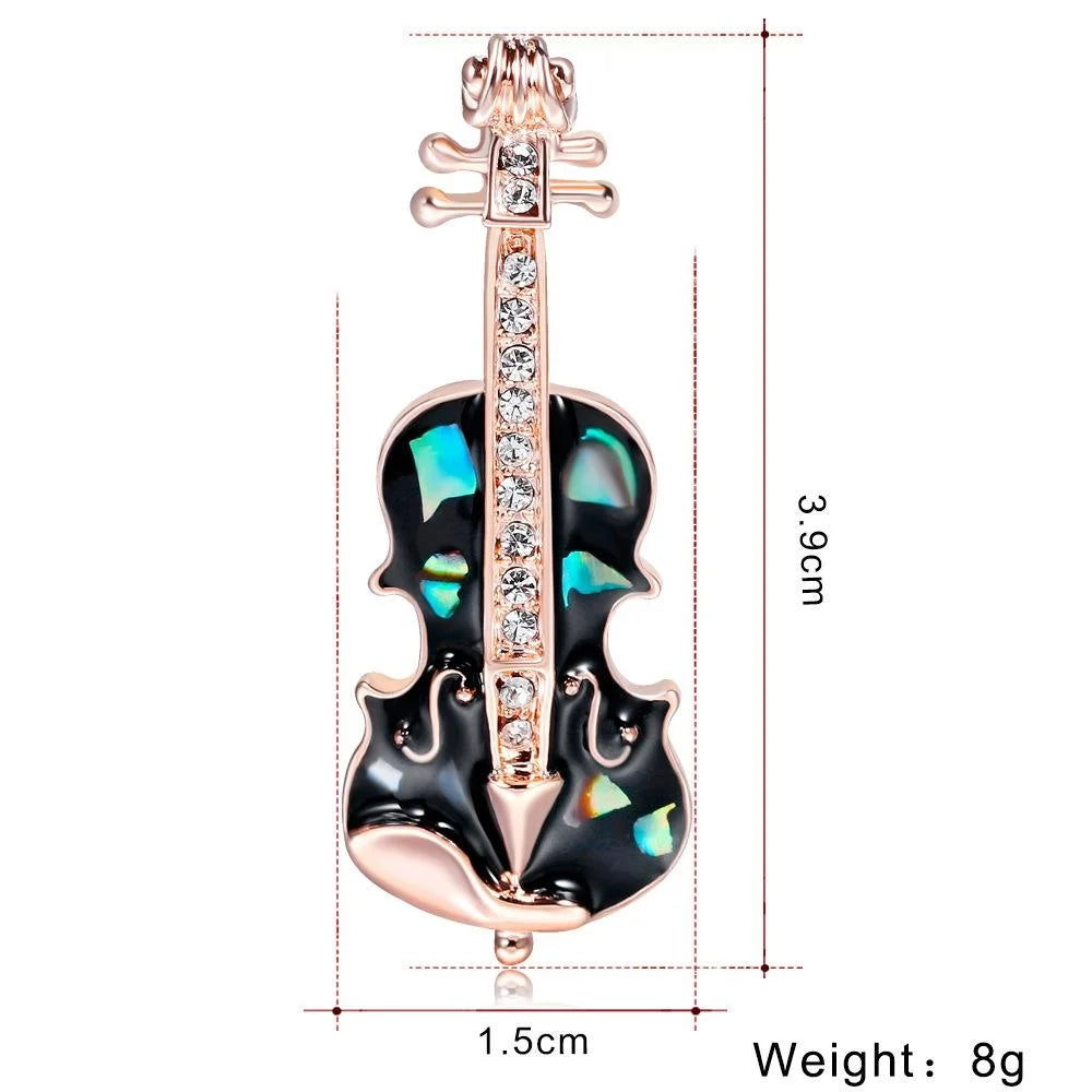 Elegant Violin Brooch With Black Enamel Mother Of Pearl And Rhinestone Zircon, Women's Lapel Pin Gift