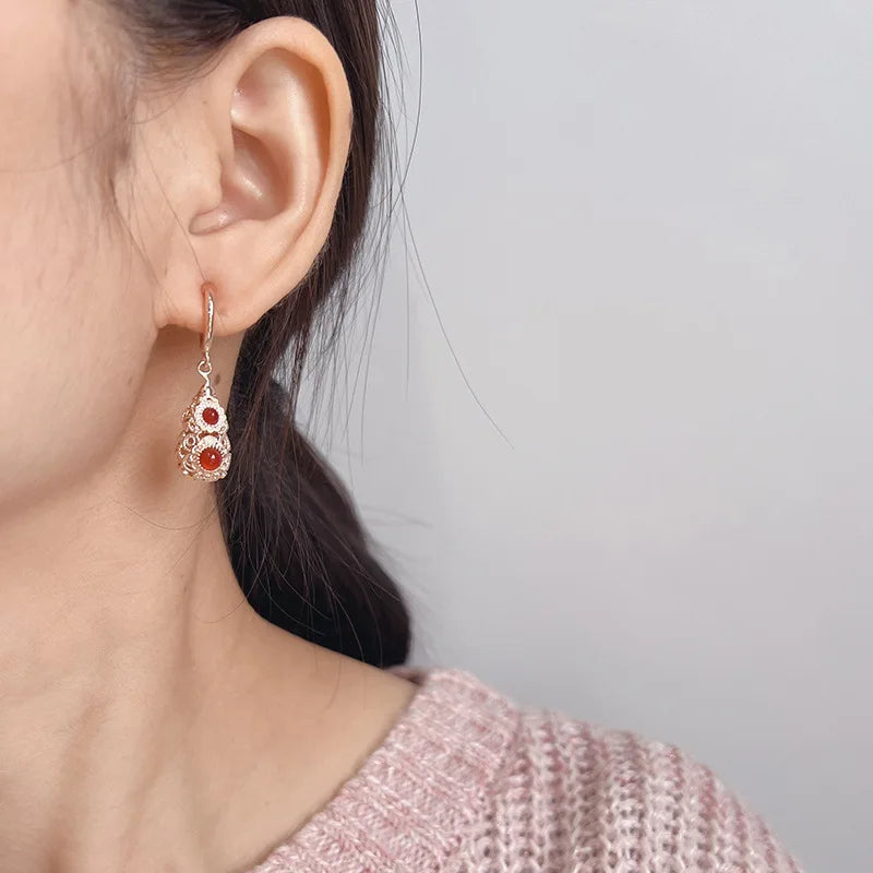 Elegant Hollow Red Agate Gourd Rhinestone Alloy Stud & Clip On No Piercing Drop Earrings