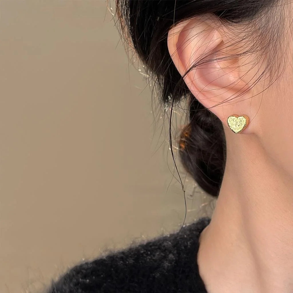 14K Electroplated Matte Mini Heart Stud Earrings For Women Copper Jewelry