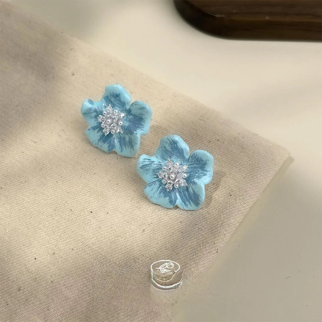 French Sweet Blue Flower Stud Earrings Copper Zircon Pearl Hand Painted Enamel Floral Jewelry