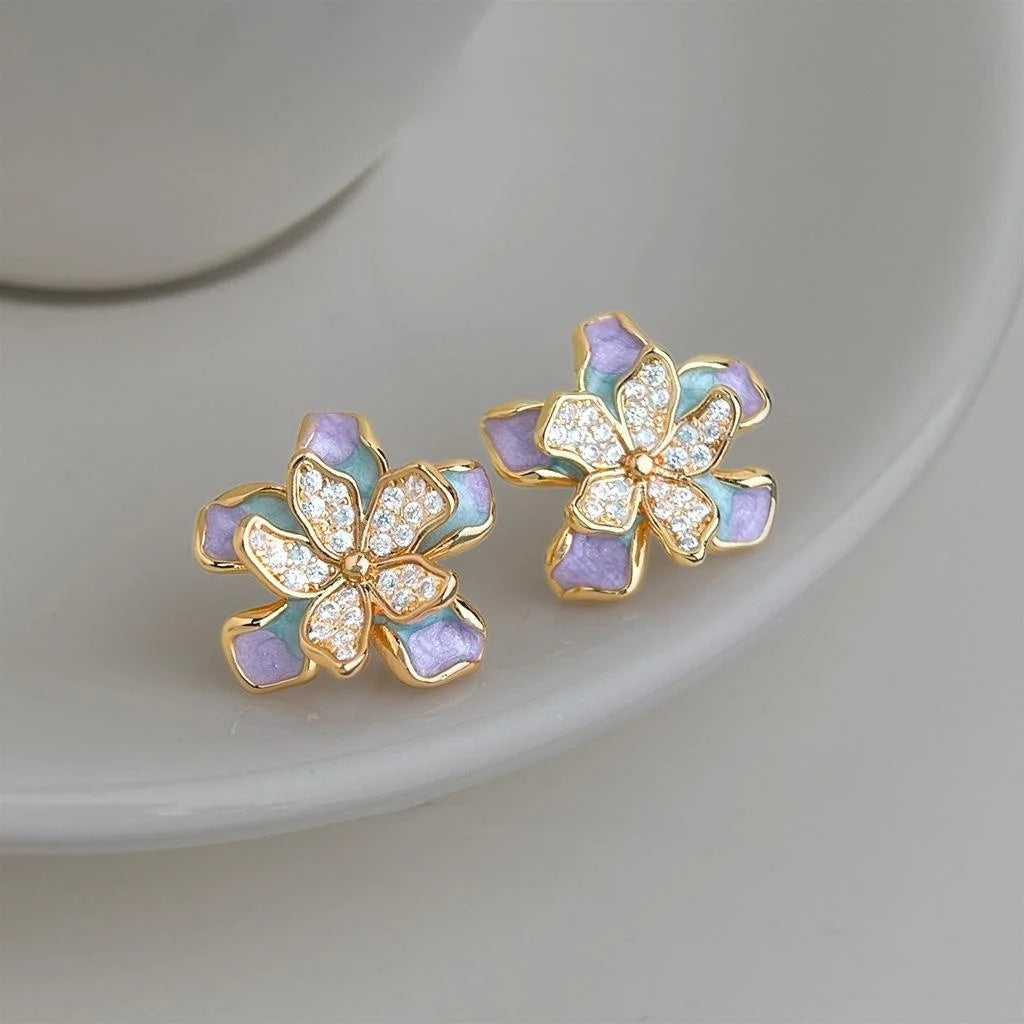 Sweet Floral Zircon Enamel Copper Stud Earrings, Designer Summer Flower Petal Jewelry