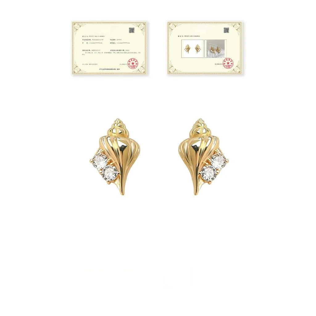 14K Plated Copper Conch Shell Stud Earrings Micro Pave Zircon Ocean Summer Jewelry
