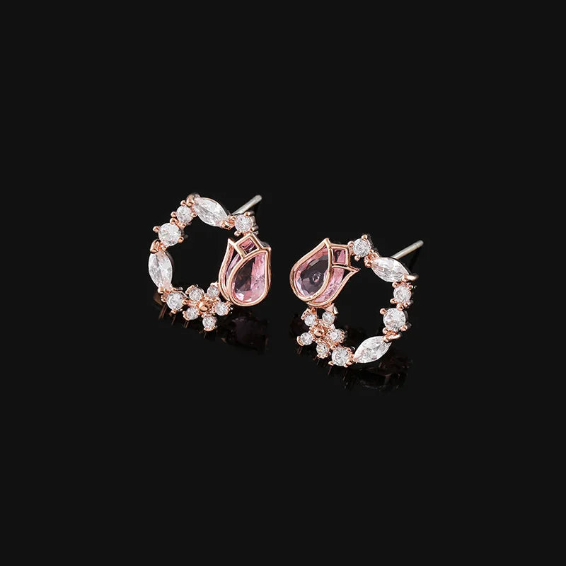 Elegant Pink Tulip Wreath Zircon Stud & Clip On No Piercing Rose Gold Floral Hoop Earrings