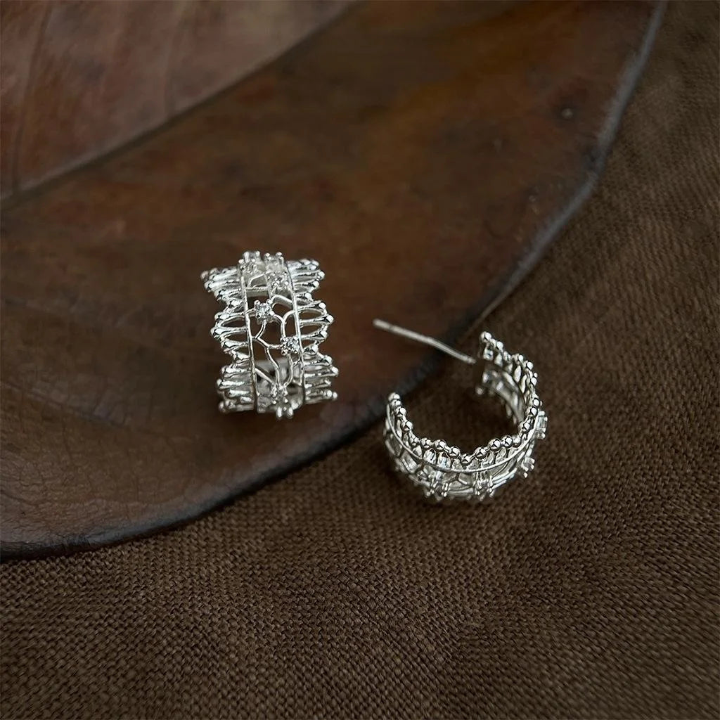 Lace Edge Hollow Geometric Copper Drop Earrings Sweet Light Luxury Style