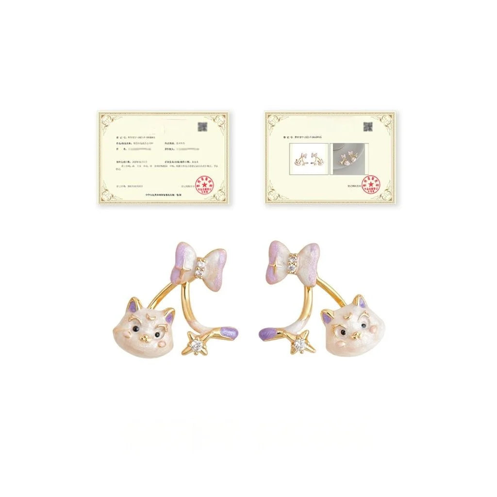 Cute Enamel Lucky Cat Bow Drop Earrings, Copper Zircon Painted Jewelry