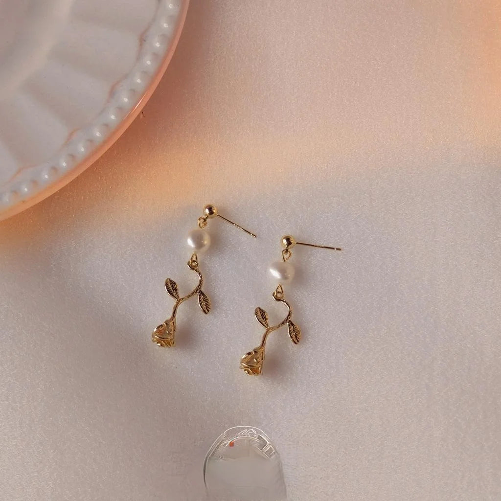 Handmade Freshwater Pearl Rose Stud Earrings, Minimalist Floral Geometric Jewelry