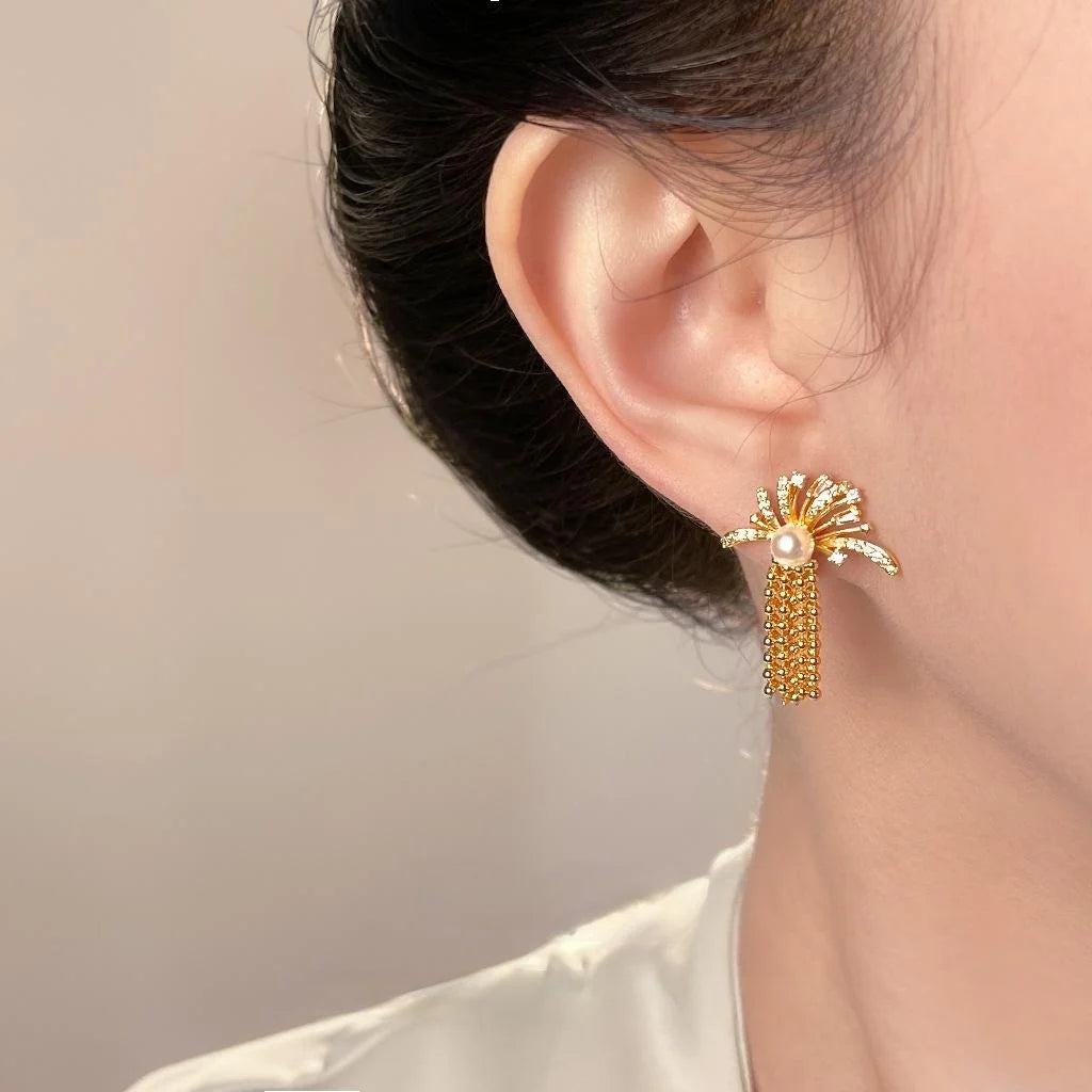 Old Money Micro Pave Zircon Firework Tassel Drop Earrings With Pearl