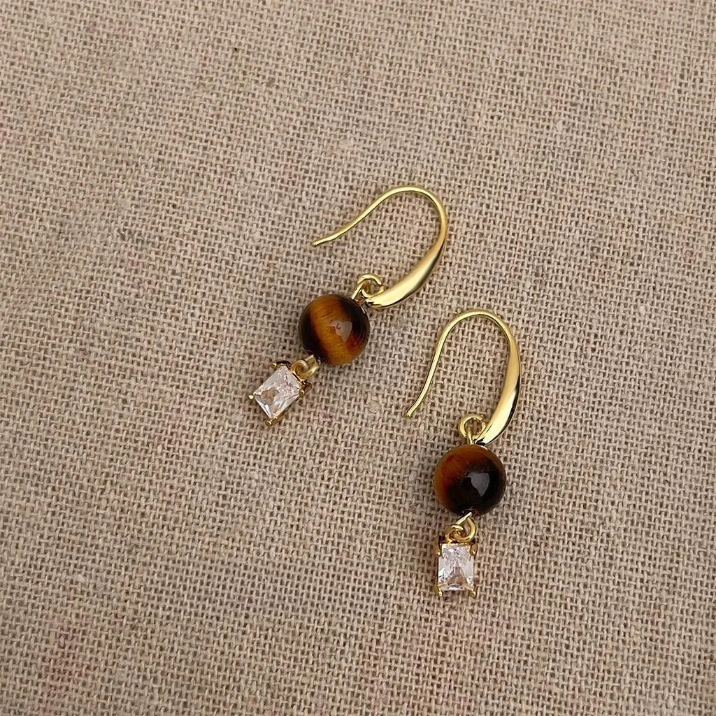 Natural Tiger Eye Stone Copper Geometric Drop Earrings For Women Vintage Ethnic Jewelry