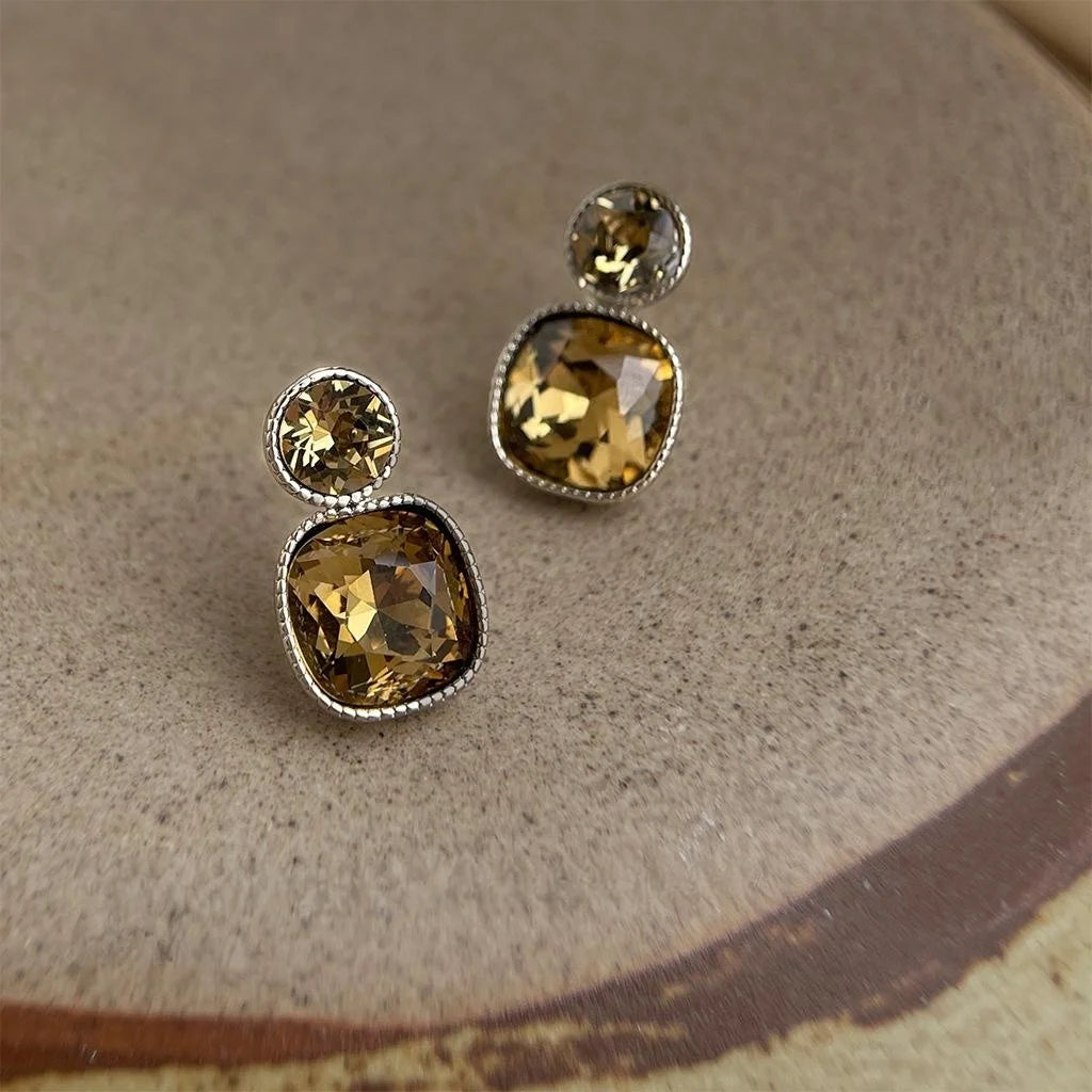 French Vintage Geometric Glass Crystal Drop Earrings Copper Square Luxury Palace Style Jewelry