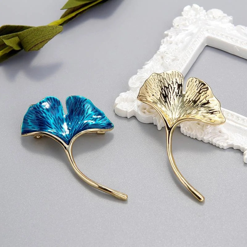 Elegant Blue Enamel Ginkgo Leaf Brooch For Women, Gold Tone Alloy Lapel Pin Corsage Suit Accessory Gift
