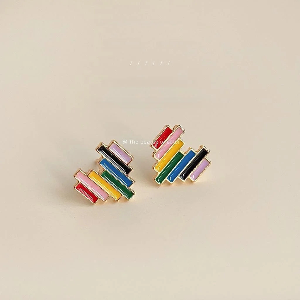 14K Gold Plated Copper Rainbow Heart Stud Earrings Sweet Mini Enamel Spring Jewelry