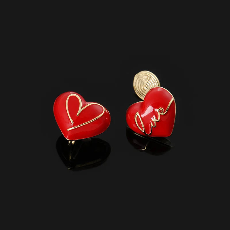 Red Enamel Love Heart Asymmetric Alloy Stud & Clip On No Piercing New Year Fashion Earrings