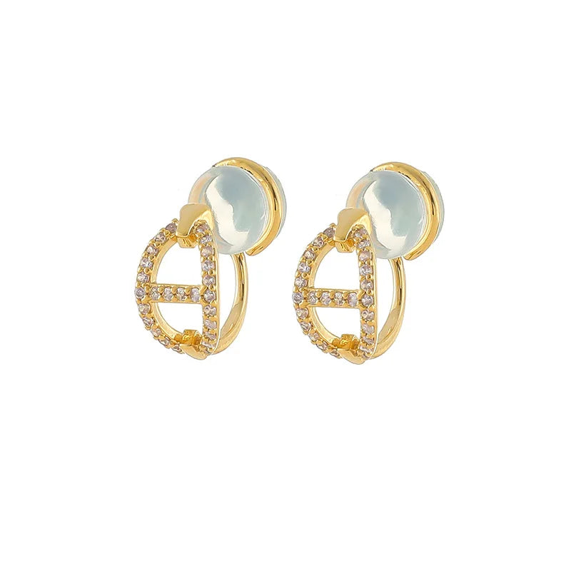 Elegant Geometric Round Hoop Zircon Alloy Stud & Clip On No Piercing Commuter Versatile Earrings