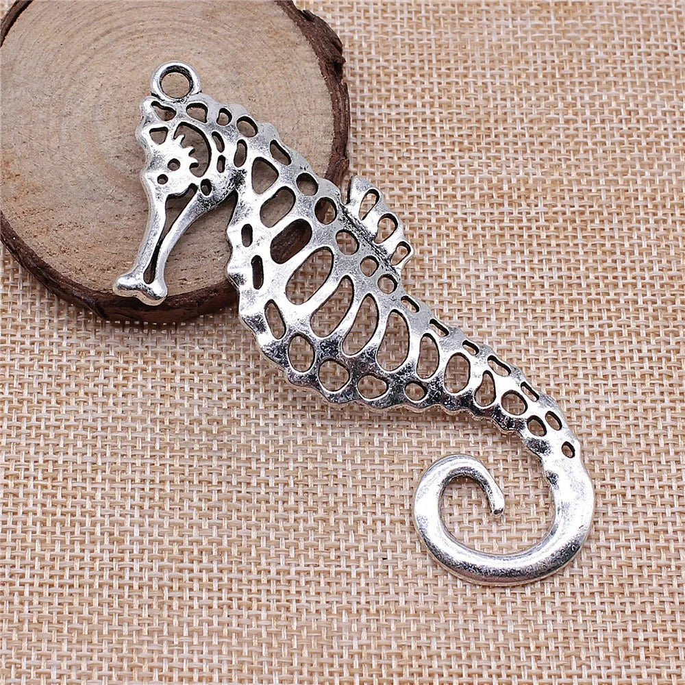 40x90mm 12.2g Antique Silver Zinc Alloy Seahorse Charm Pendant for DIY Ocean Theme Jewelry Making