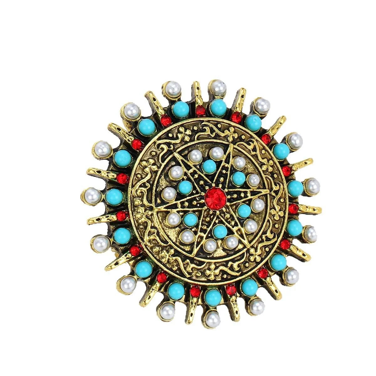 Vintage Bohemian Round Disk Brooch, Gold-Tone Alloy With Faux Pearls Turquoise Beads And Red Rhinestone Lapel Pin Gift