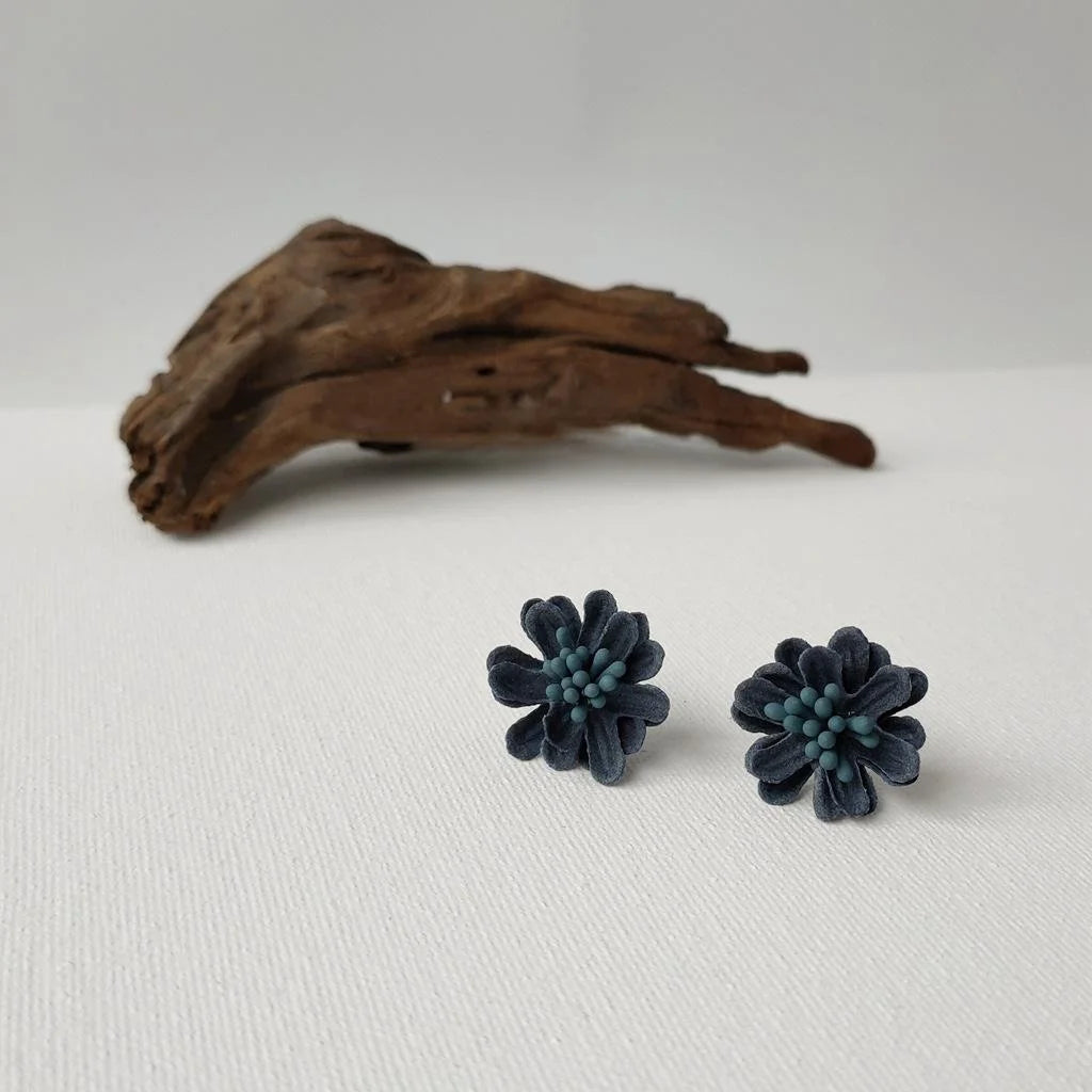 Vintage Haze Blue Fabric Rose Flower Drop Earrings Handmade 3D Floral Statement Jewelry