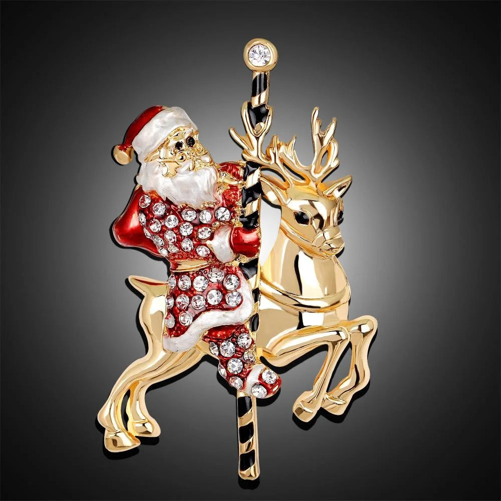 Luxury Christmas Santa Claus And Reindeer Rhinestone Enamel Alloy Brooch, Festive Lapel Pin Corsage Gift