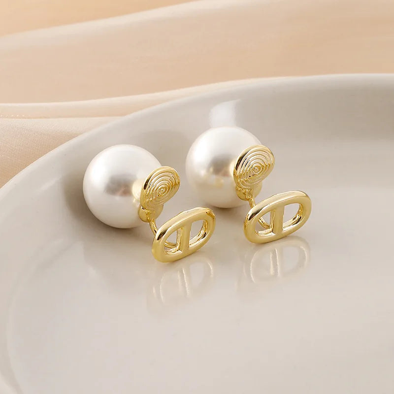 Elegant Gold Alloy Spiral Disc Letter Charm Large Pearl Stud & Clip On No Piercing Earrings