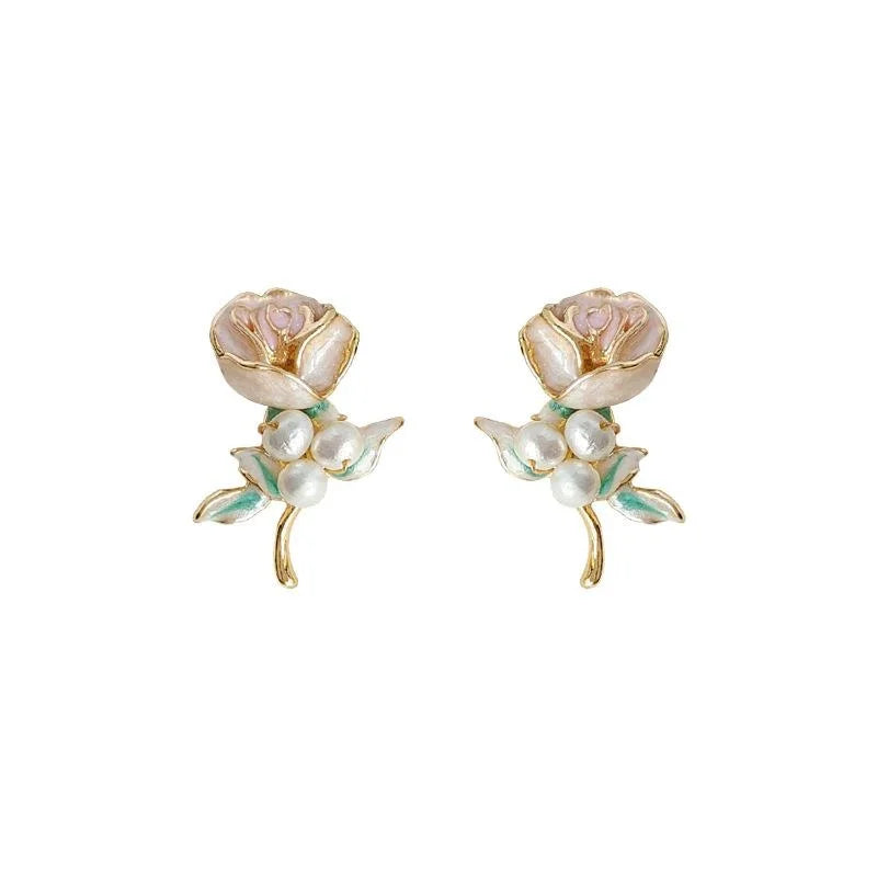 Handmade Forest Style Freshwater Pearl Rose Flower 14K Plated Copper Stud Earrings For Women