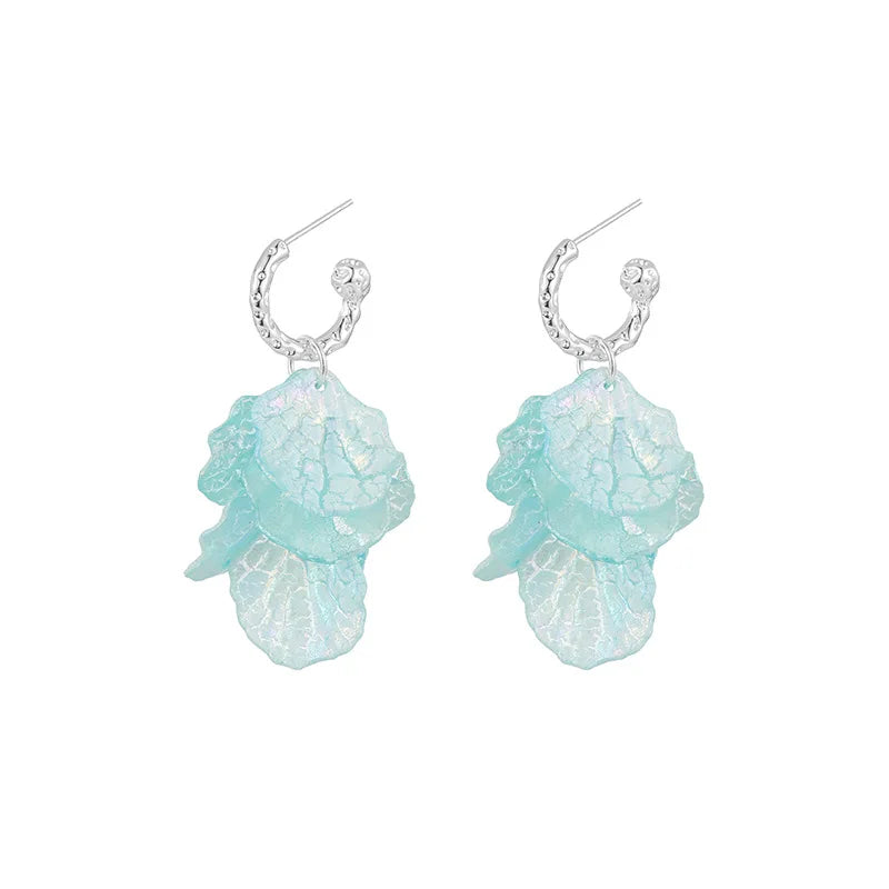 Elegant Aqua Blue Petal Tassel Alloy Stud & Clip On No Piercing Vacation Floral Drop Earrings
