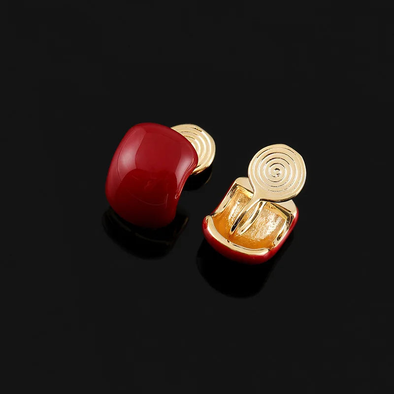 Vintage Red Bean Enamel Spiral Disc Alloy Stud & Clip On No Piercing Women Jewelry Earrings