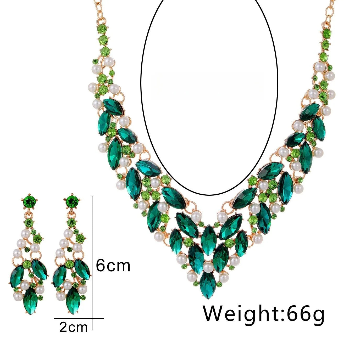Luxury Bridal Green Crystal Rhinestone Pearl Necklace Jewelry Set With Drop Earrings For Wedding Party Gift