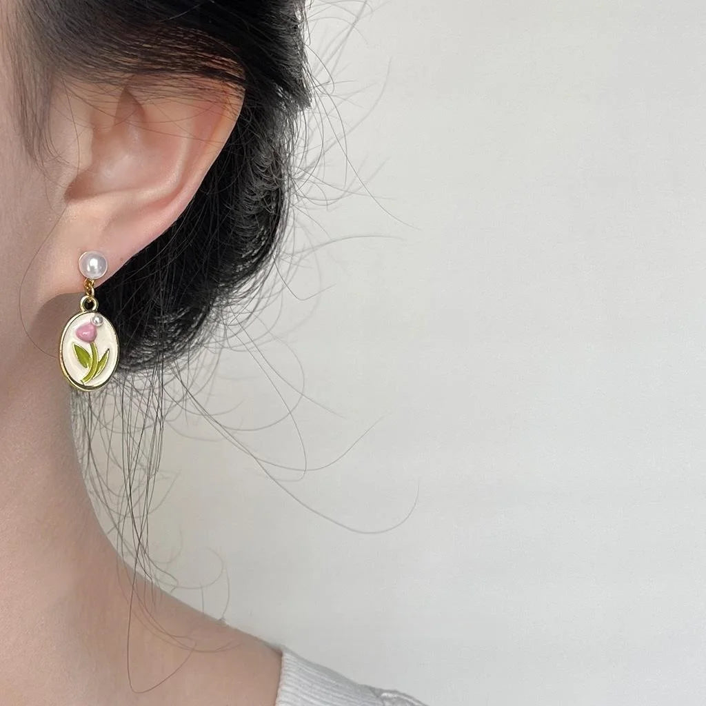 14K Gold Plated Copper Pearl Tulip Enamel Drop Earrings Forest Style Sweet Floral Jewelry