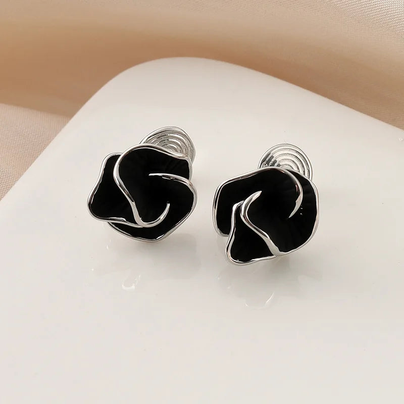 Elegant Black Camellia Flower Enamel Alloy Stud & Clip On No Piercing Minimalist Floral Earrings