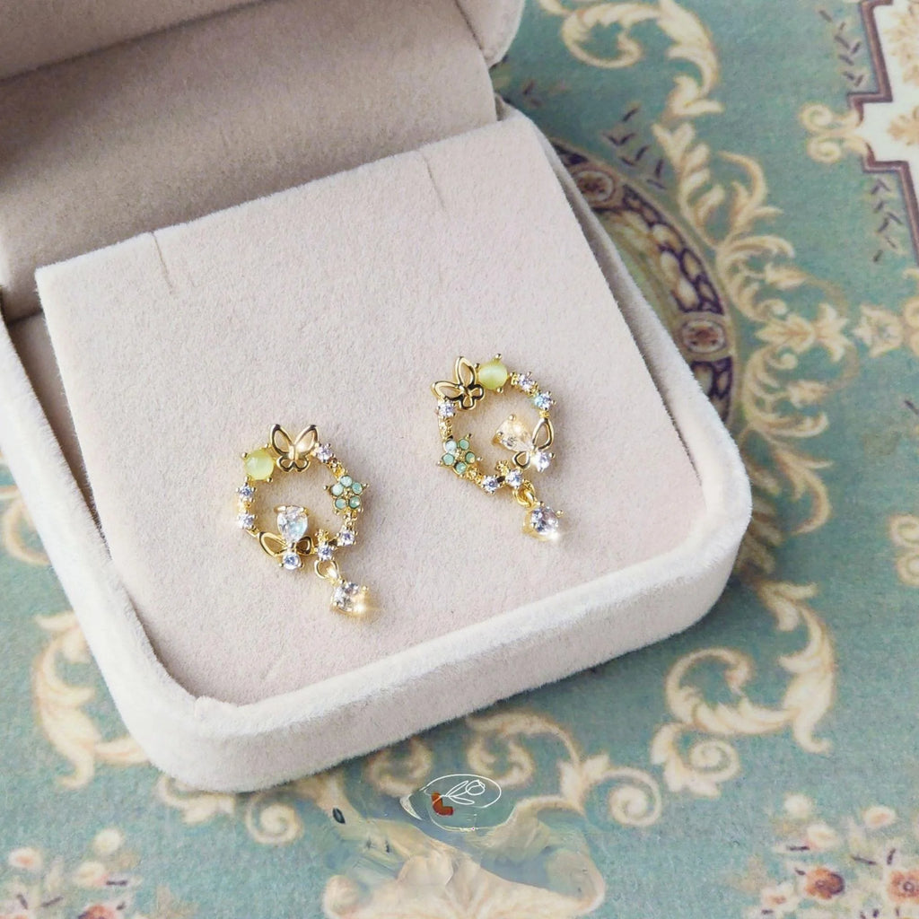 14K Gold Plated Copper Zircon Flower Butterfly Stud Earrings Korean Fairy Forest Style