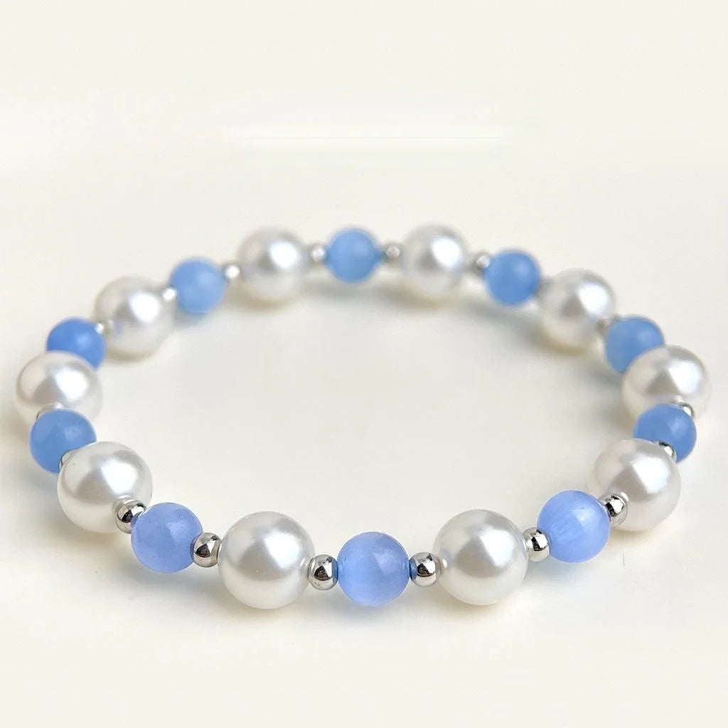 Glass Cat Eye Stone Crystal Bracelet With Glass Pearl Round Beads Fresh Sweet Summer Style