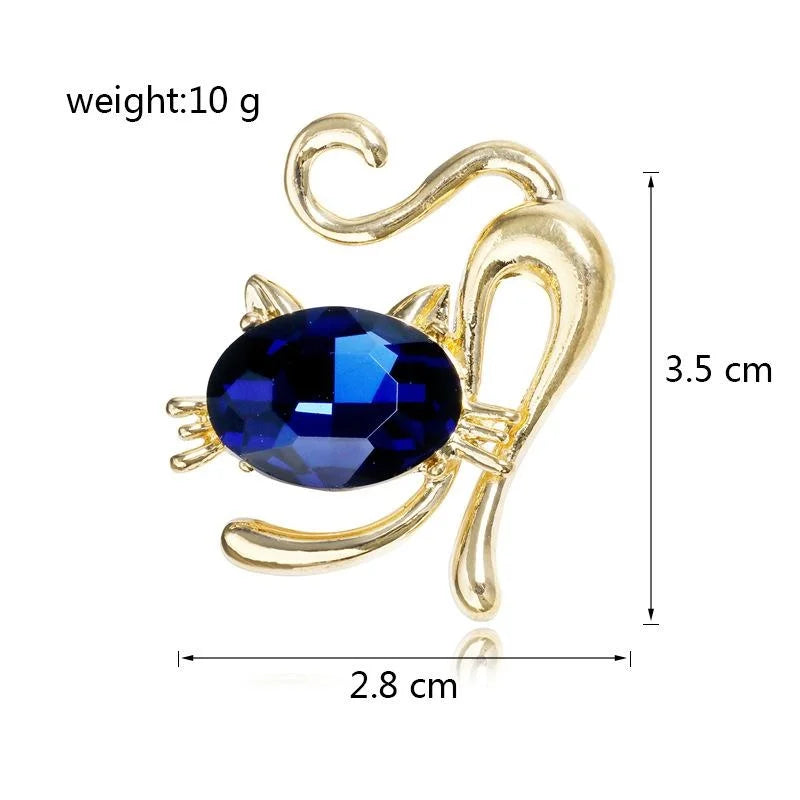 Cute Crystal Cat Brooch With Blue Rhinestone And Gold Alloy Finish, Elegant Animal Lapel Pin Gift