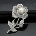 Elegant Rhinestone Rose Flower Brooch With White Pearl, Alloy Lapel Pin Corsage Suit Accessory Gift