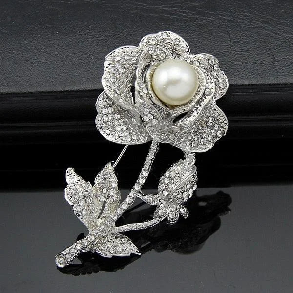 Elegant Rhinestone Rose Flower Brooch With White Pearl, Alloy Lapel Pin Corsage Suit Accessory Gift