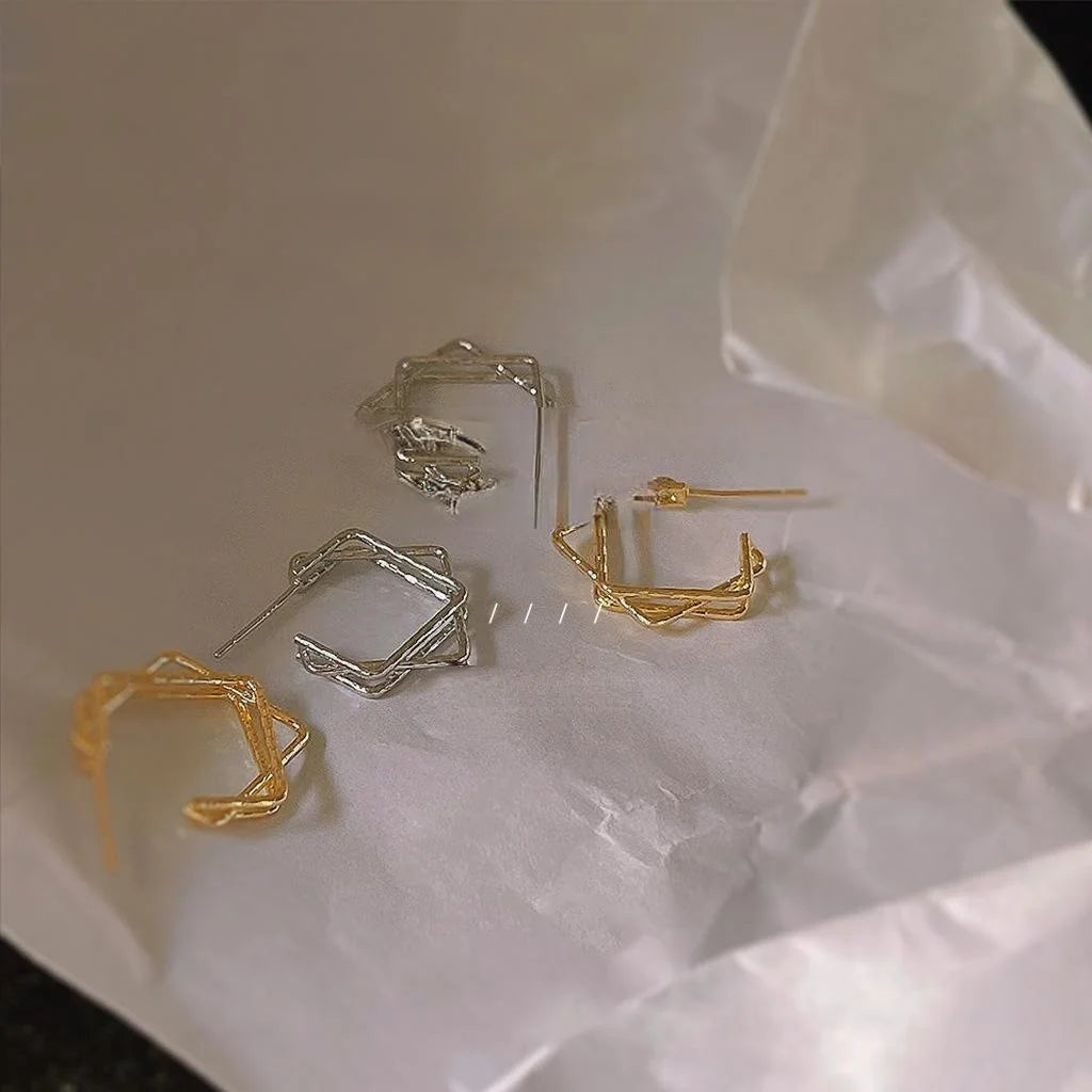 14K Gold Plated Copper Square Geometric Stud Earrings Minimalist Korean Style