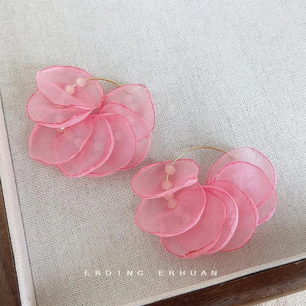 Sweet Summer Handmade Lace Fabric Flower Stud Earrings Elegant Vacation Style Jewelry