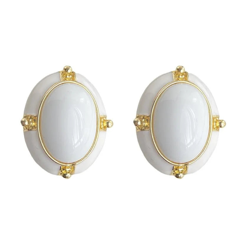 Platinum Tone Eco Copper French Vintage Oval Enamel Palace Style Drop Earrings