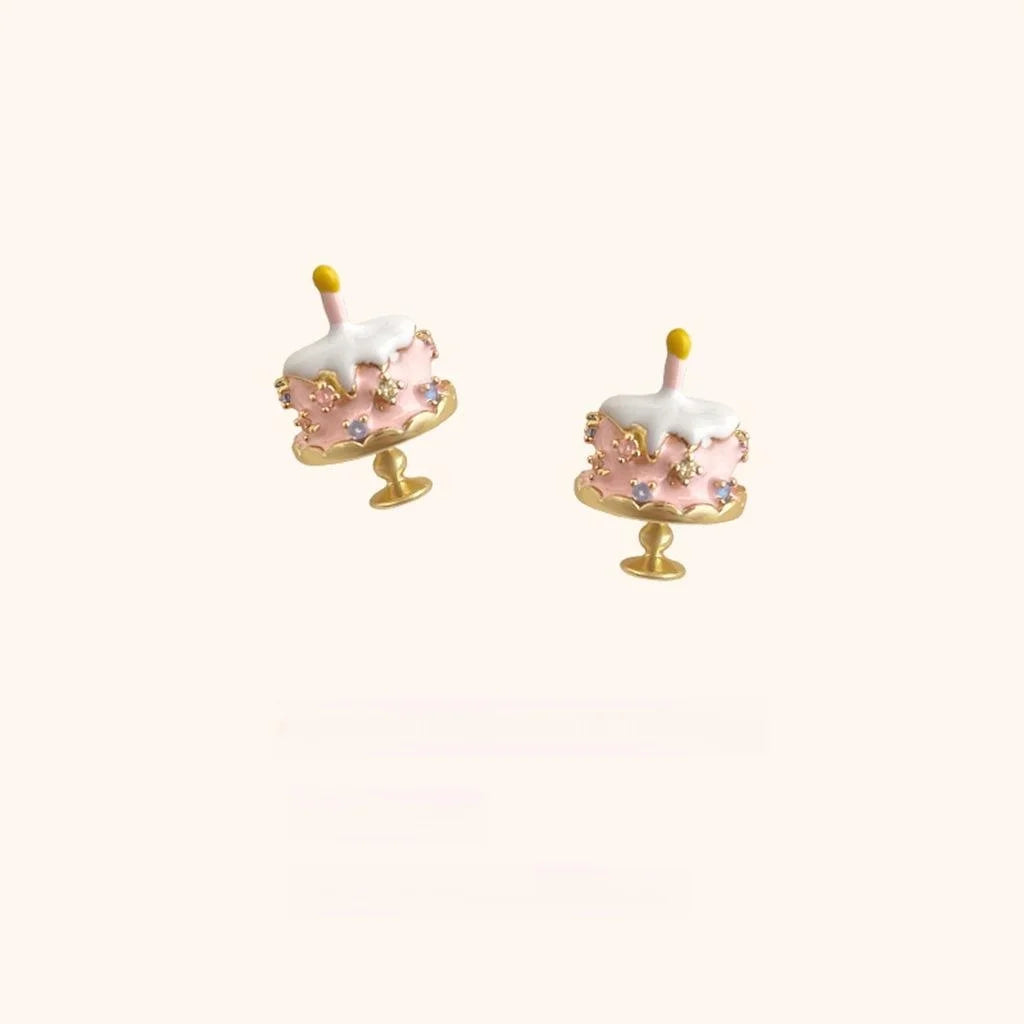 Original Designer Cute Birthday Cake Enamel Painted Copper Zircon Stud Earrings For Women